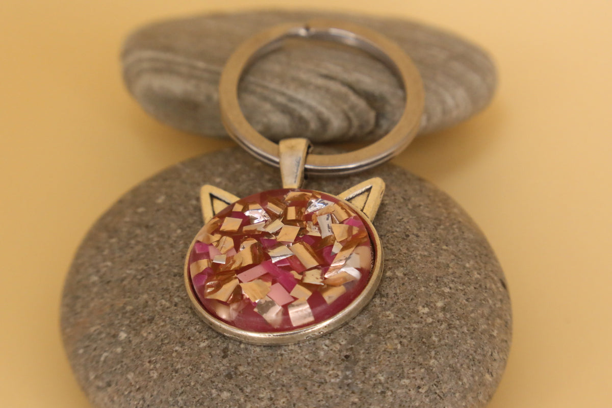 Silver Coloured Stainless Steel Pet Face Keyring With Pink Rubbish & Eco Resin