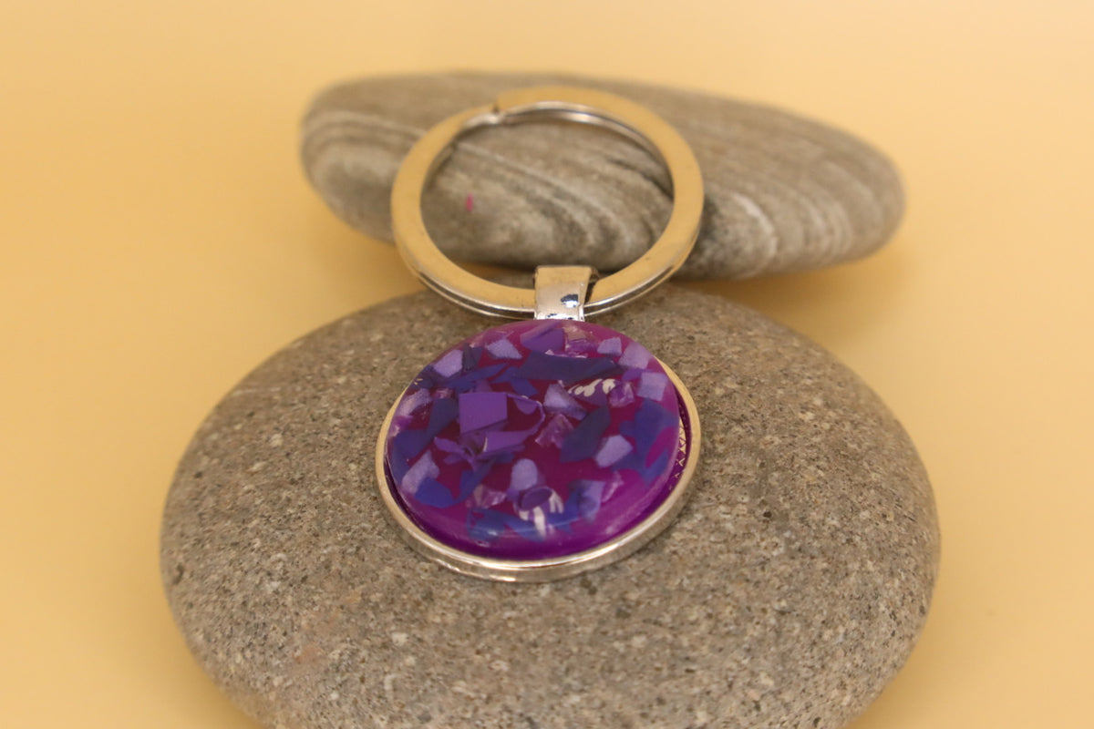 Silver Coloured Stainless Steel Round Keyring With Purple Rubbish & Eco Resin