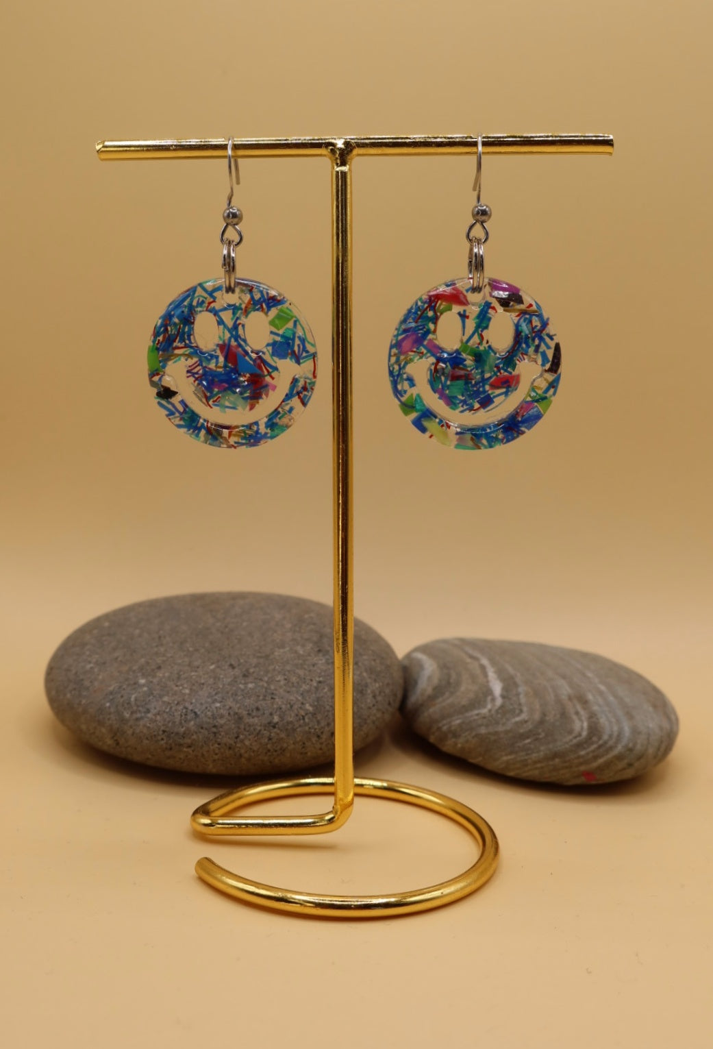 Smiley Face Earrings with Beach Clean Rubbish Charms on Surgical Stainless Steel Hooks