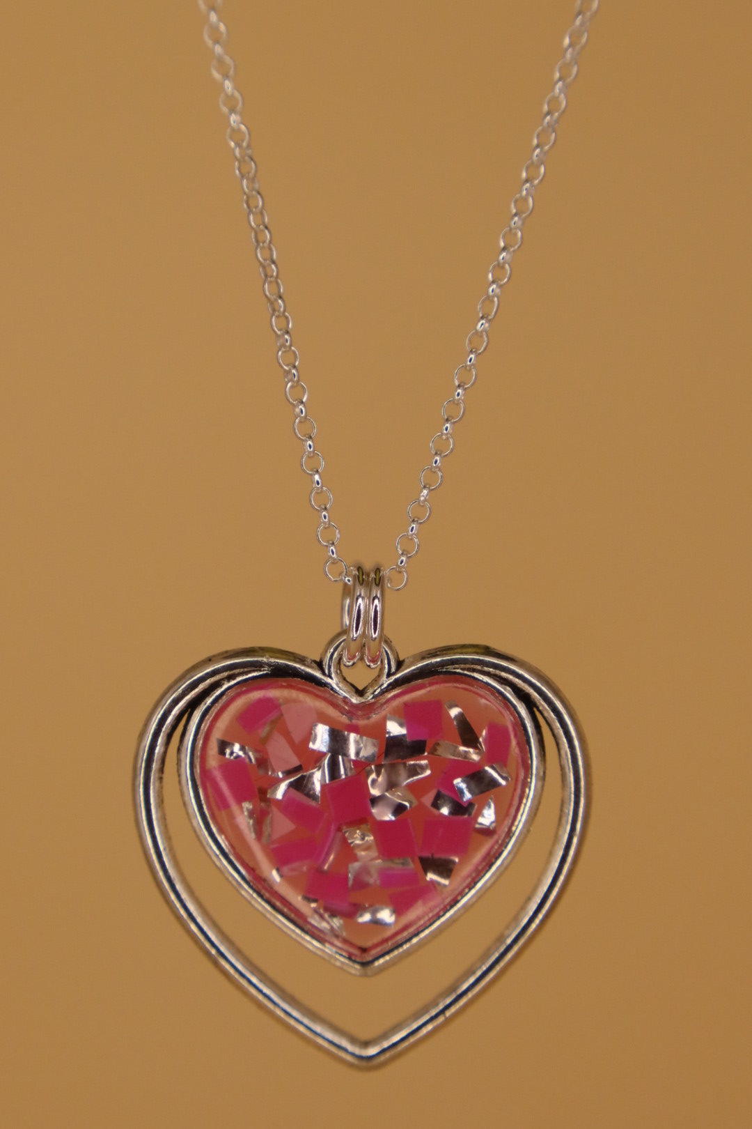 100% Recycled 925 Sterling Silver 18 Inch Necklace with Double Heart Shaped Metal Pendant