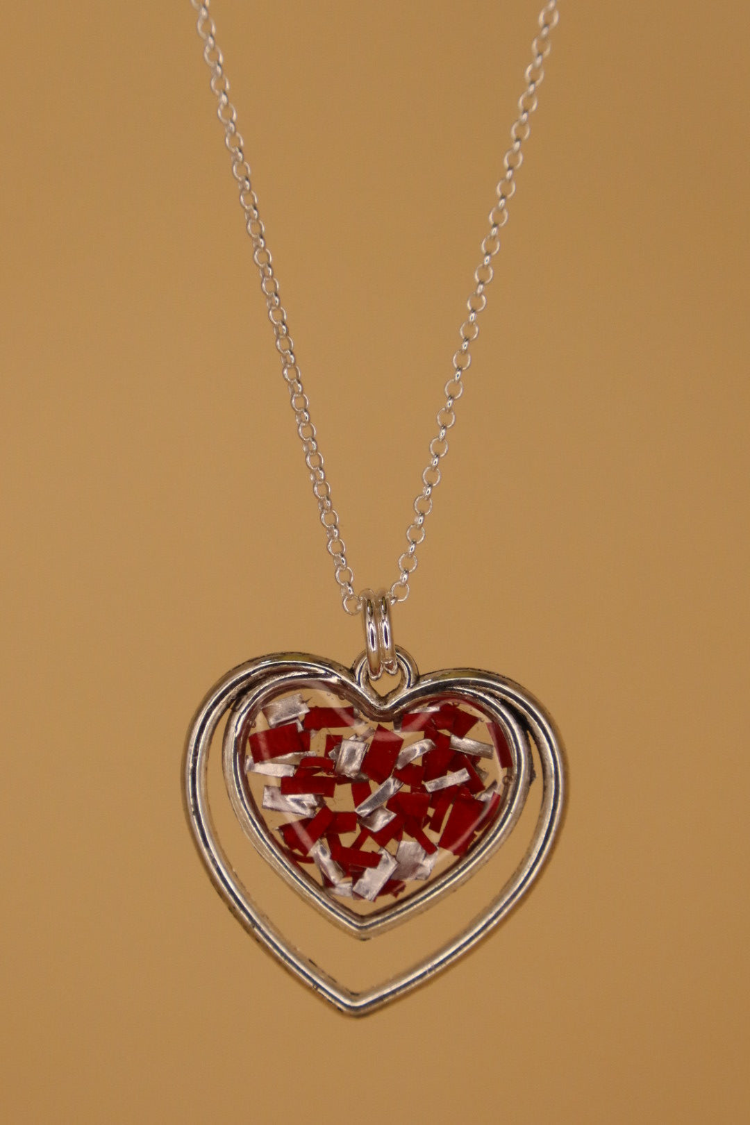100% Recycled 925 Sterling Silver 18 Inch Necklace with Double Heart Shaped Metal Pendant