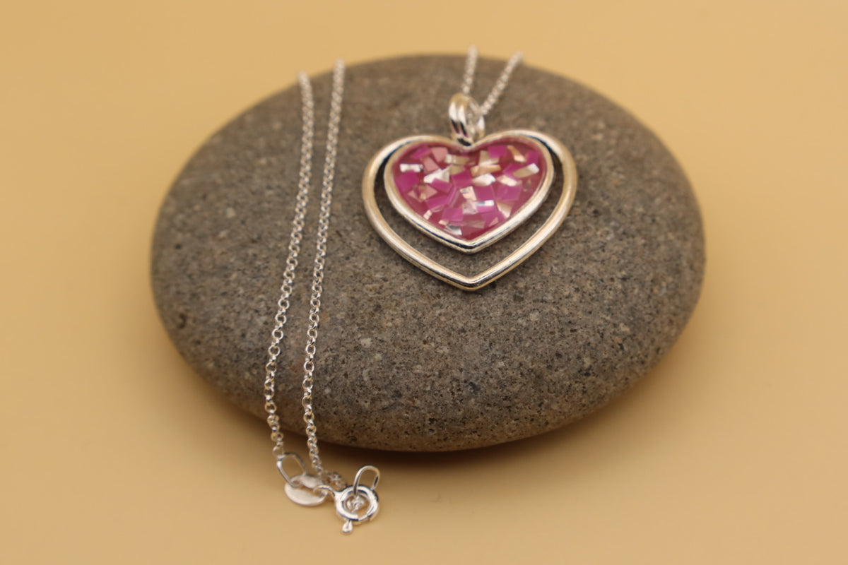 100% Recycled 925 Sterling Silver 18 Inch Necklace with Double Heart Shaped Metal Pendant