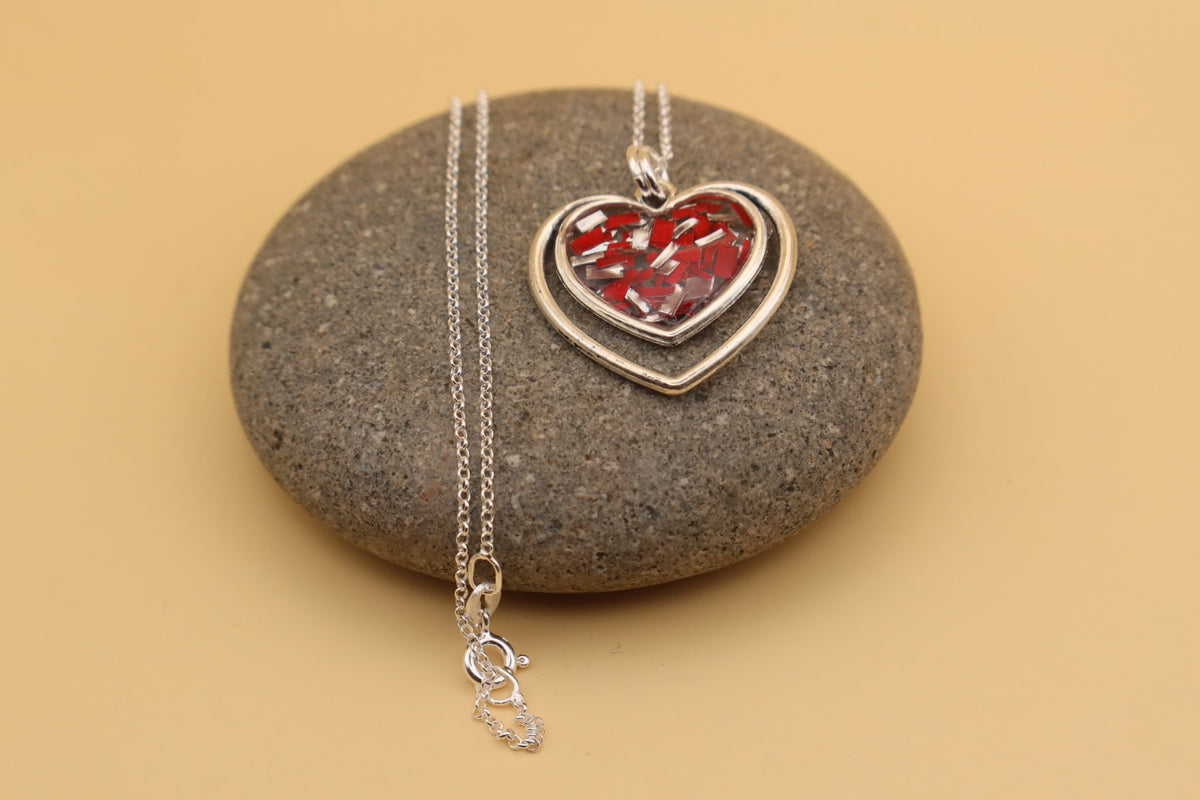 100% Recycled 925 Sterling Silver 18 Inch Necklace with Double Heart Shaped Metal Pendant