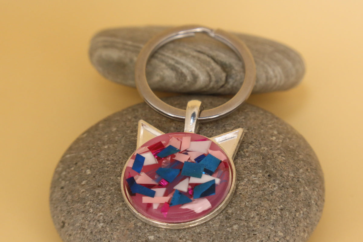 Silver Coloured Stainless Steel Pet Face Keyring With Pink & Blue Rubbish & Eco Resin