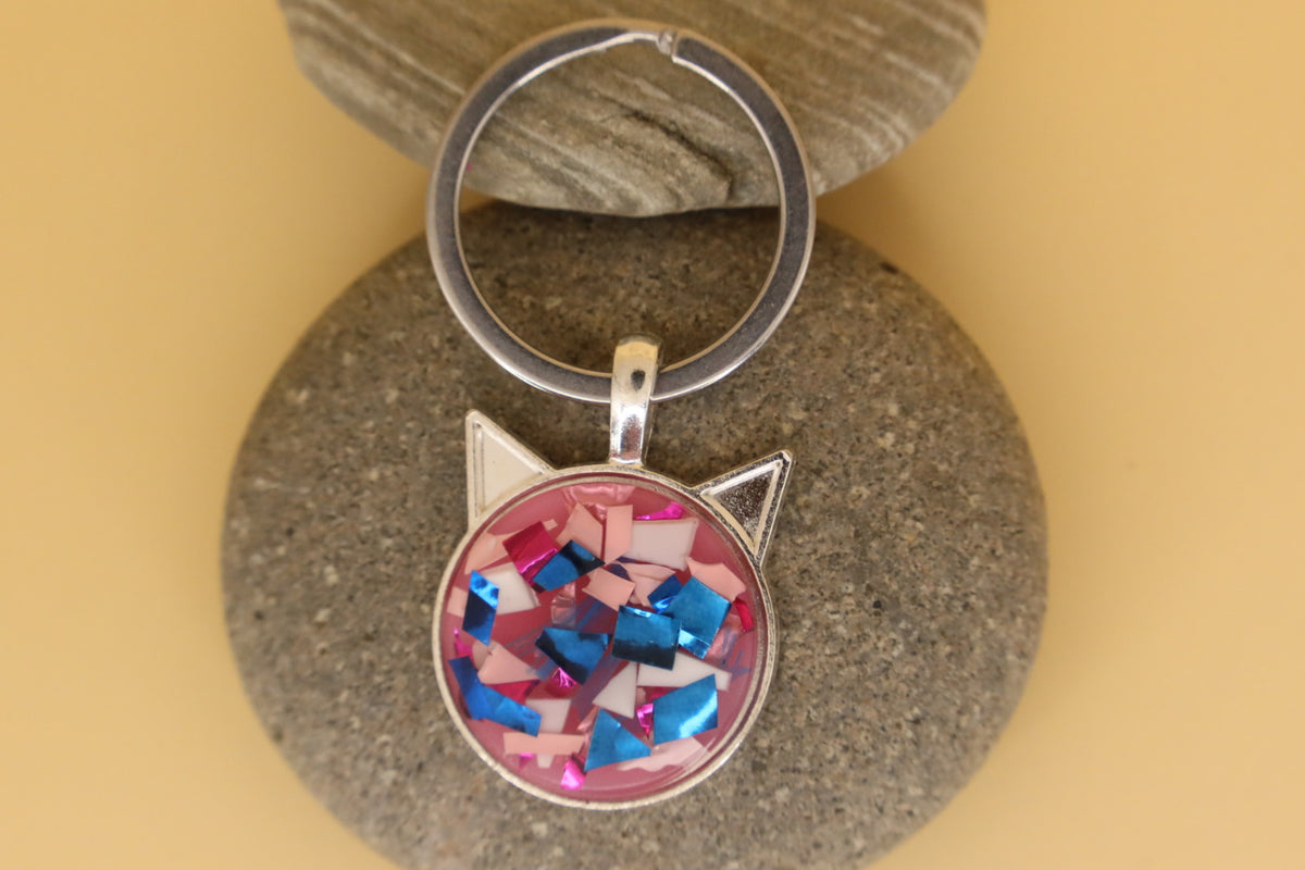 Silver Coloured Stainless Steel Pet Face Keyring With Pink & Blue Rubbish & Eco Resin