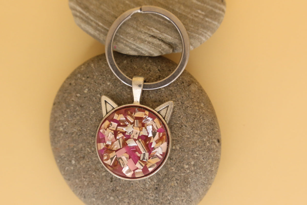 Silver Coloured Stainless Steel Pet Face Keyring With Pink Rubbish & Eco Resin