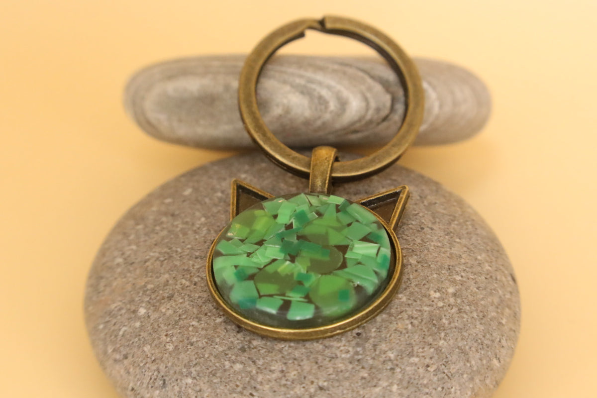 Antique Stainless Steel Pet face Keyring With Green Rubbish & Eco Resin