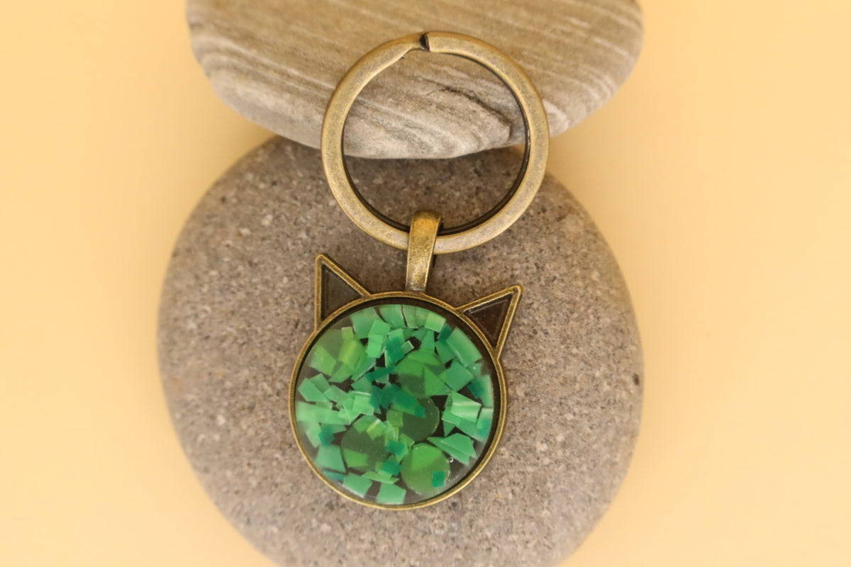 Antique Stainless Steel Pet face Keyring With Green Rubbish & Eco Resin