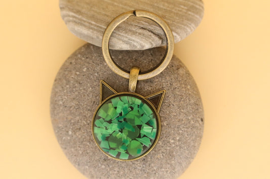 Antique Stainless Steel Pet face Keyring With Green Rubbish & Eco Resin