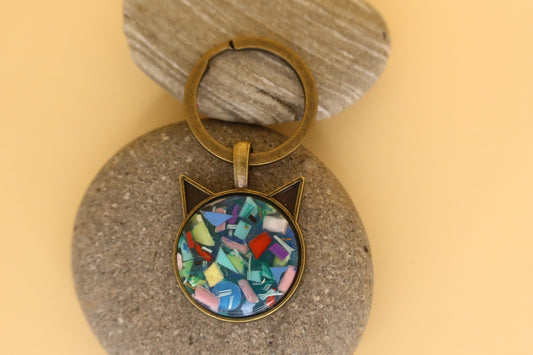 Antique Stainless Steel Pet face Keyring With Beach Clean Rubbish & Eco Resin
