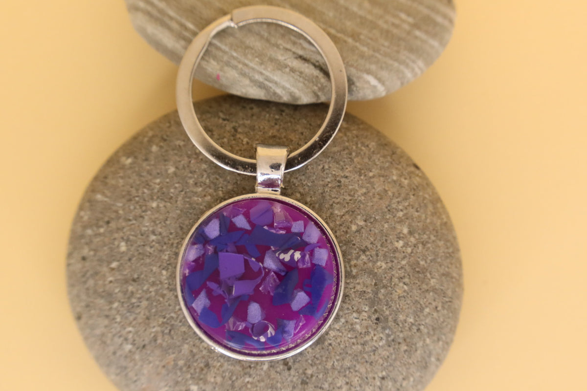 Silver Coloured Stainless Steel Round Keyring With Purple Rubbish & Eco Resin