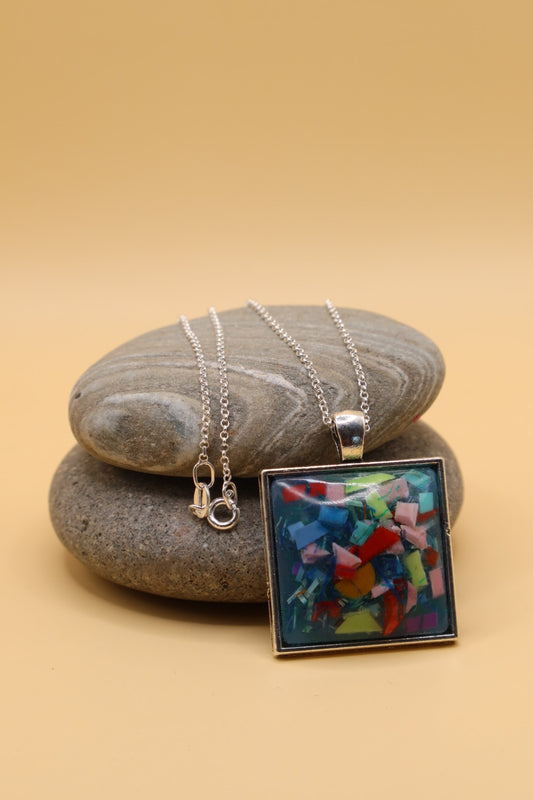 100% Recycled 925 Sterling Silver 18 Inch Necklace with Square Shaped Metal Pendant