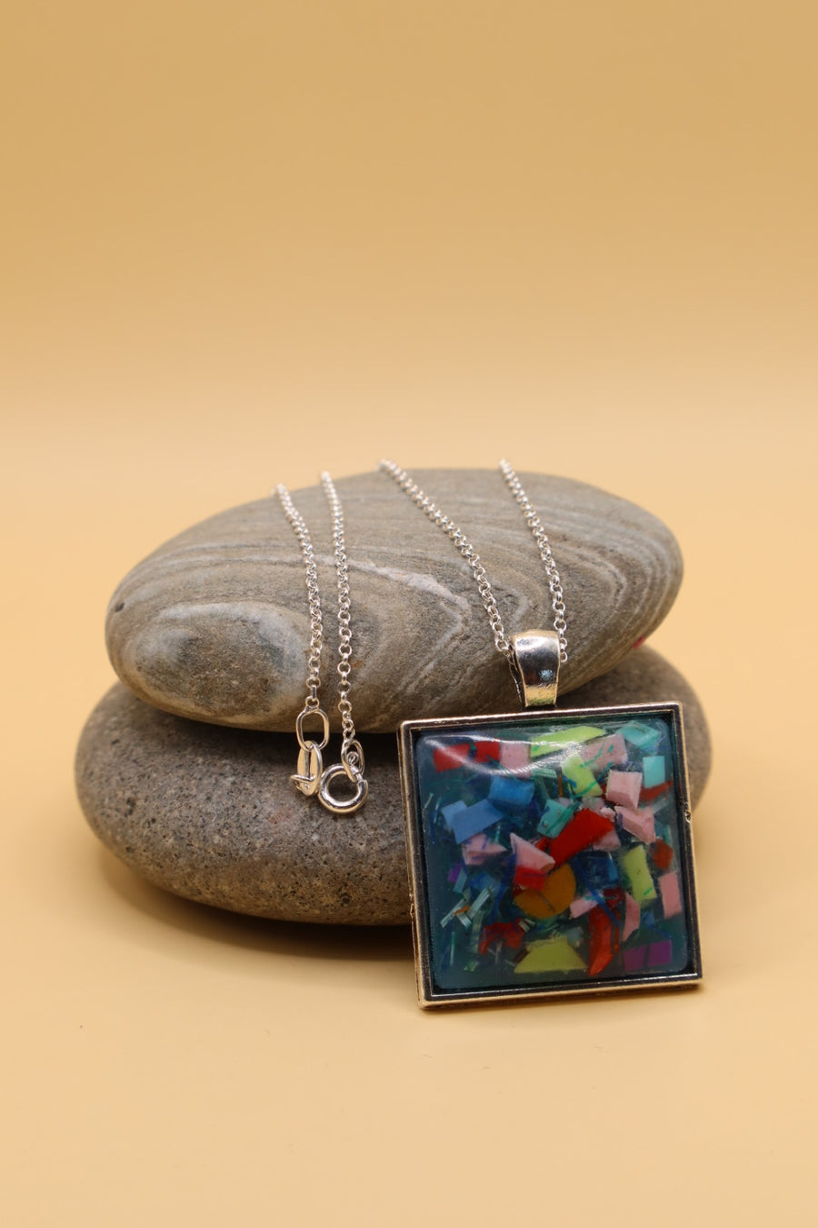 100% Recycled 925 Sterling Silver 18 Inch Necklace with Square Shaped Metal Pendant