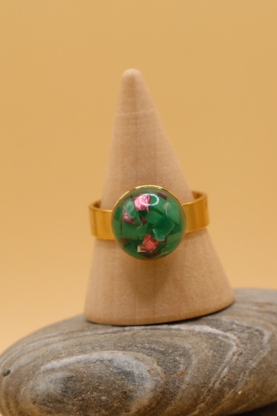 Adjustable Surgical Stainless Steel Ring with Bead made with Shotgun Cartridge & Eco Resin