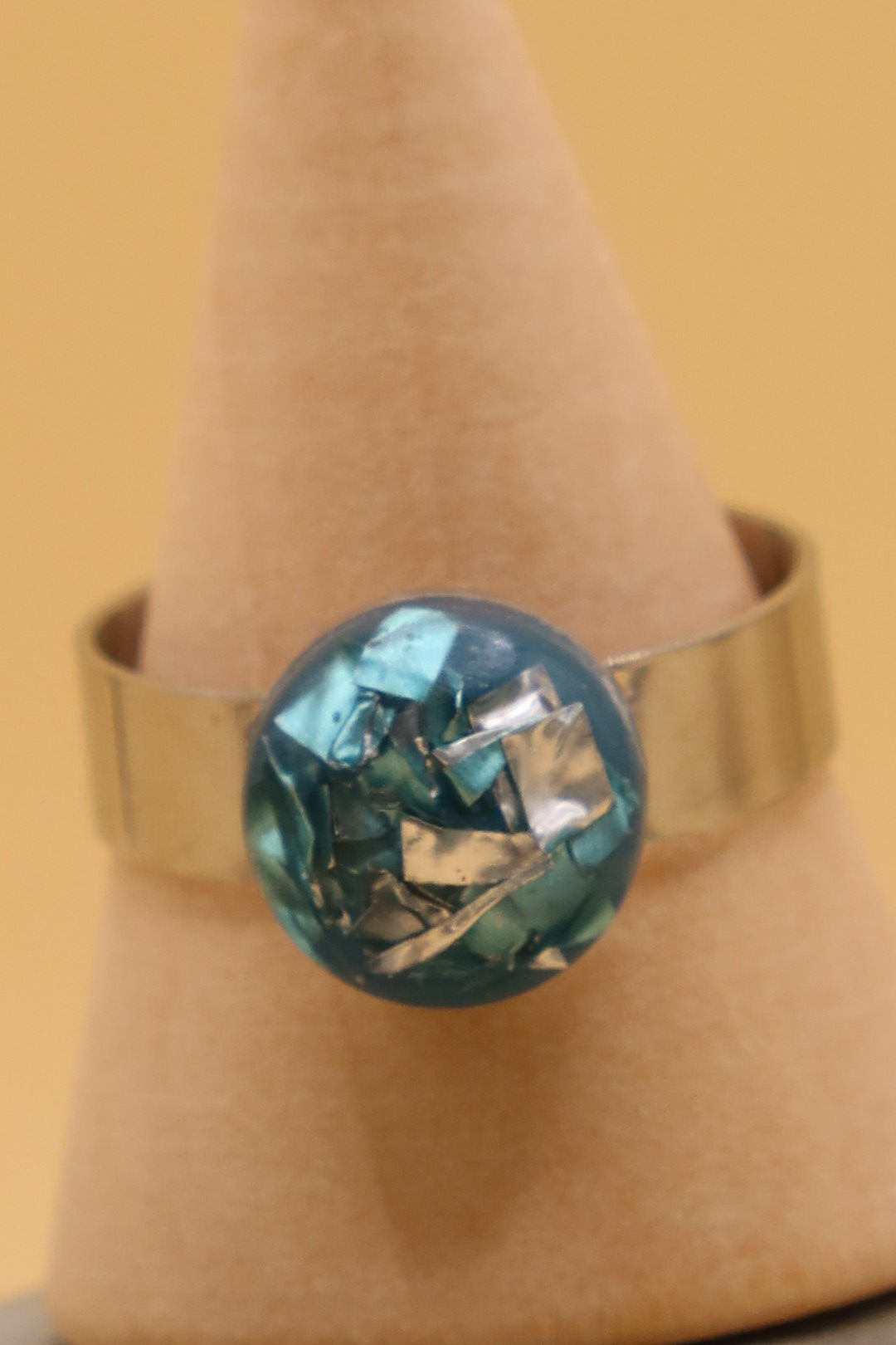 Adjustable Surgical Stainless Steel Ring with Bead made with Prosecco Foil & Eco Resin