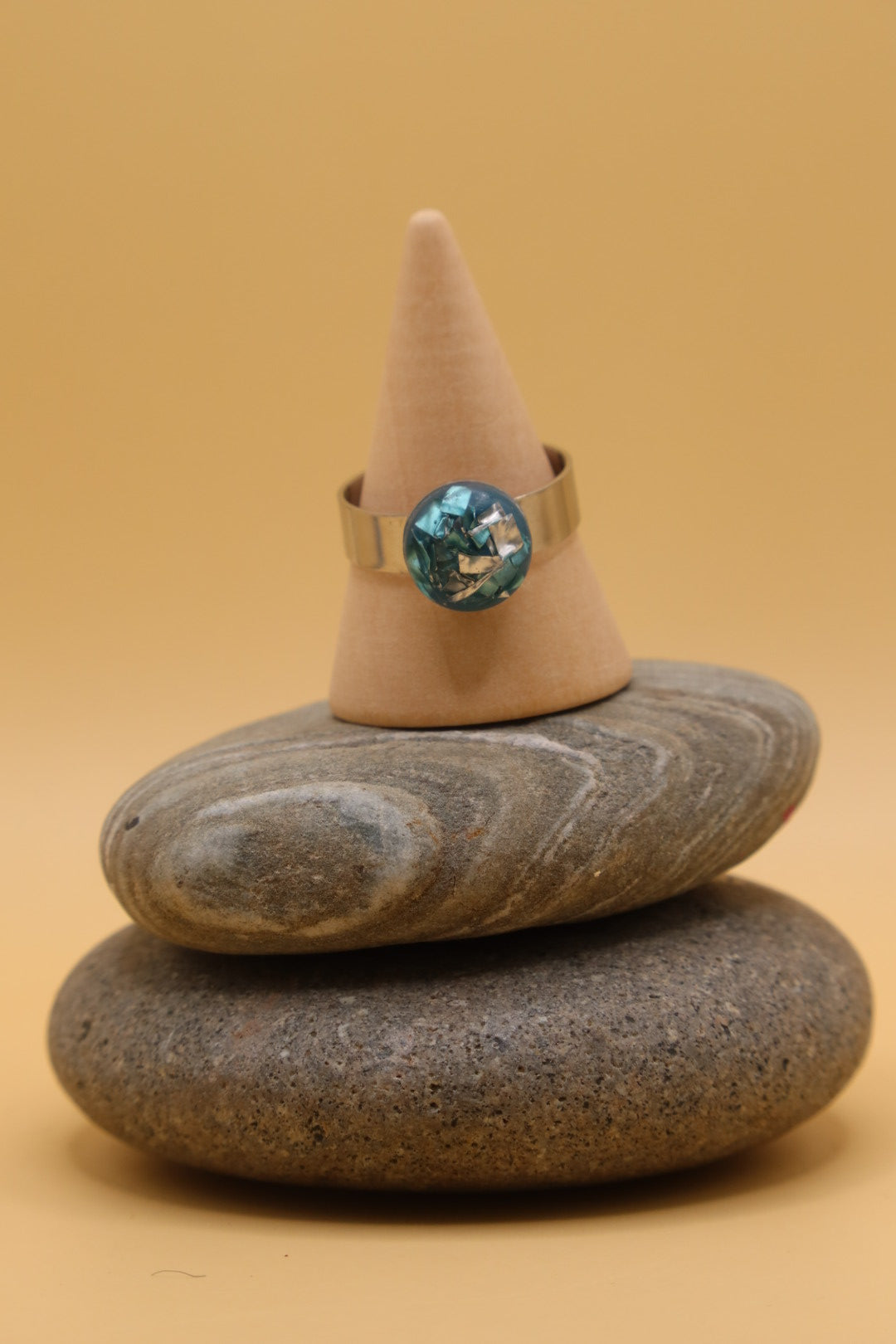 Adjustable Surgical Stainless Steel Ring with Bead made with Prosecco Foil & Eco Resin