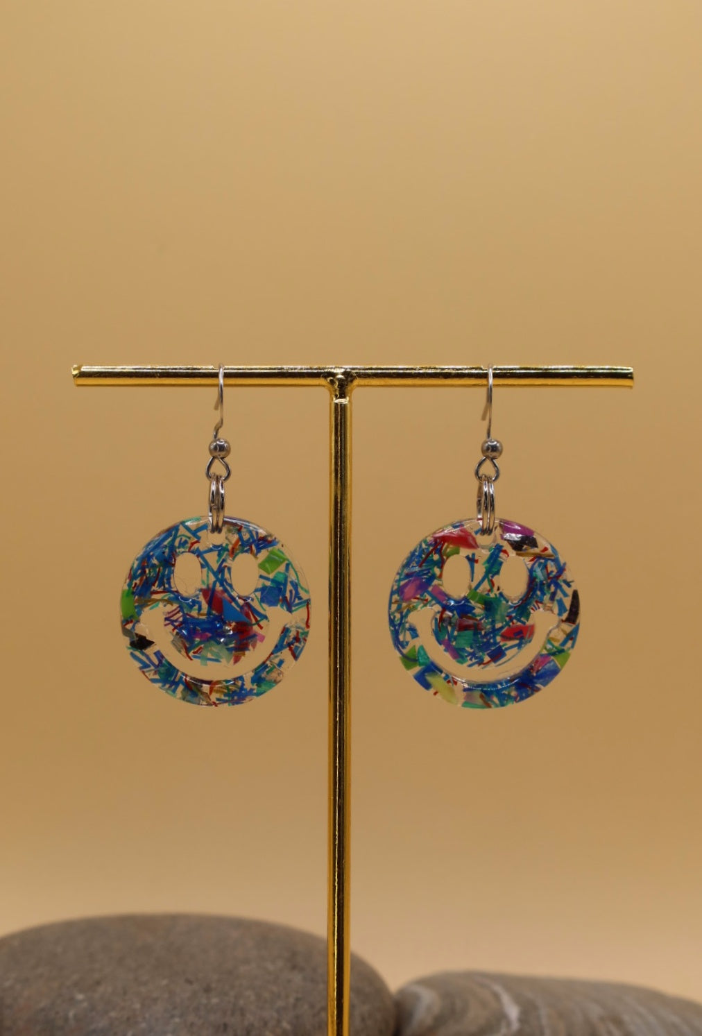 Smiley Face Earrings with Beach Clean Rubbish Charms on Surgical Stainless Steel Hooks